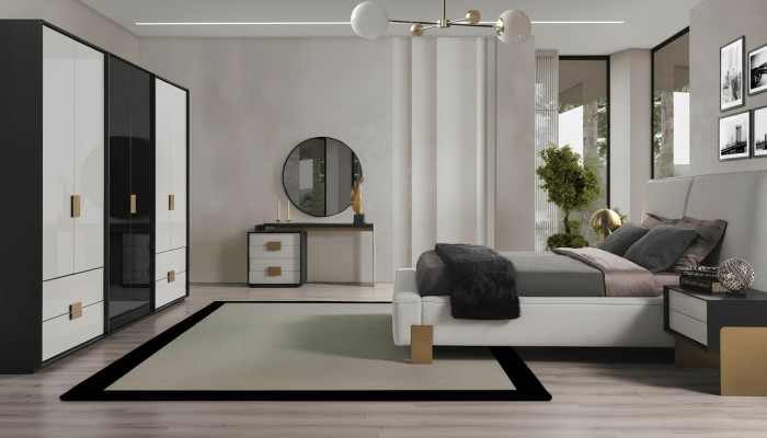 Modern set da camera da letto con letto matrimoniale, 2 comodini e una toeletta, 6 pezzi.