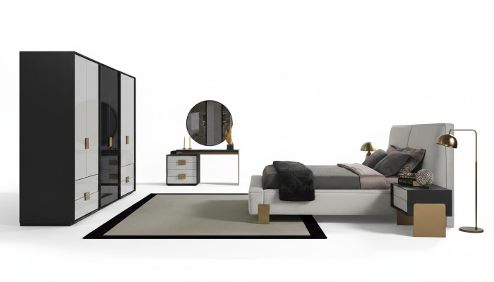 Modern set da camera da letto con letto matrimoniale, 2 comodini e una toeletta, 6 pezzi.
