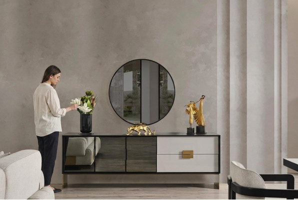 Set soggiorno nero Designer Sideboard Specchio di lusso Set 2 pezzi Nuovo