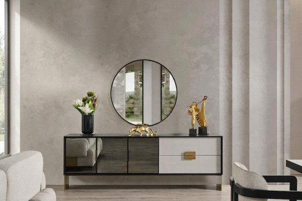 Set soggiorno nero Designer Sideboard Specchio di lusso Set 2 pezzi Nuovo