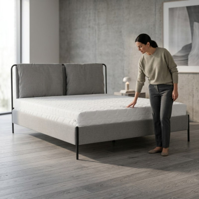 Camera da letto moderna Letto matrimoniale grigio Struttura in metallo Letti tessili