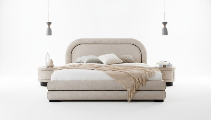 Set da camera da letto Designer Beiges con letto matrimoniale, 2 comodini in tessuto.