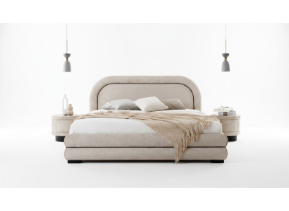 Set da camera da letto Designer Beiges con letto matrimoniale, 2 comodini in tessuto.