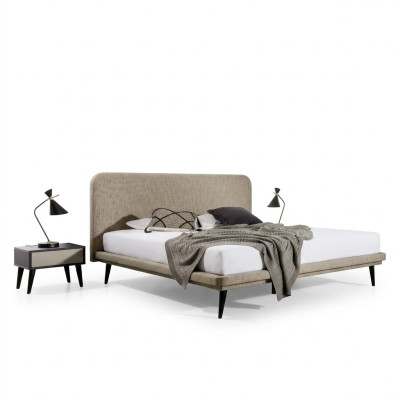 Mobili da camera da letto di lusso Tessuto marrone Letto Designer in Legno 2 comodini