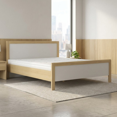Camera da letto matrimoniale bianca moderna con letto a due piazze e struttura in legno di alta qualità.