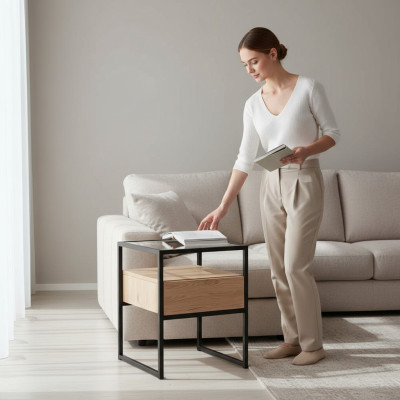 Camera da letto Comodino moderno Piano in vetro Struttura in metallo Mobili in legno