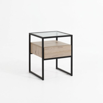 Camera da letto Comodino moderno Piano in vetro Struttura in metallo Mobili in legno