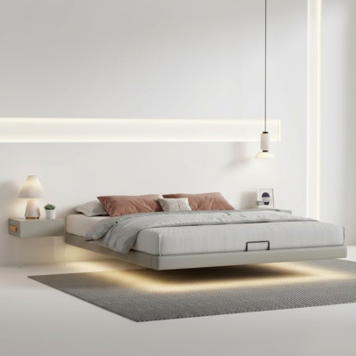 Camera da letto grigia, letto a scomparsa del designer, letti di lusso in legno, letti matrimoniali.