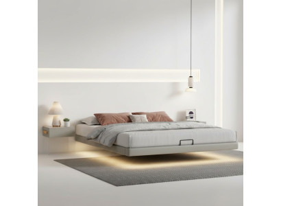 Camera da letto grigia, letto a scomparsa del designer, letti di lusso in legno, letti matrimoniali.