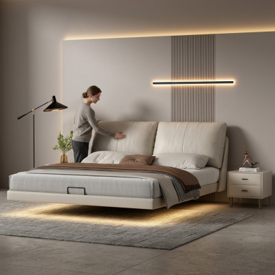 Camera da letto bianca, letto a scomparsa design in pelle, letti matrimoniali con struttura in legno.