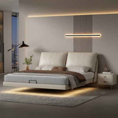 Camera da letto bianca, letto a scomparsa design in pelle, letti matrimoniali con struttura in legno.