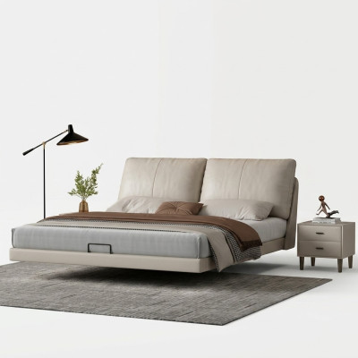 Camera da letto bianca, letto a scomparsa design in pelle, letti matrimoniali con struttura in legno.