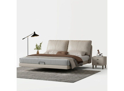 Camera da letto bianca, letto a scomparsa design in pelle, letti matrimoniali con struttura in legno.
