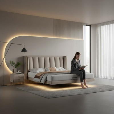 Camera da letto bianca Letto matrimoniale Design Mobili di lusso Struttura in legno Letti