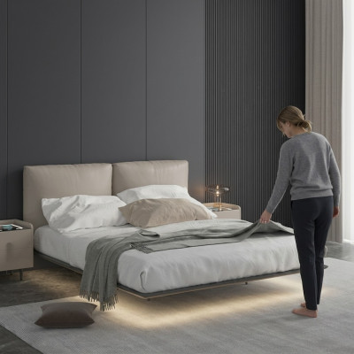 Camera da letto grigio chiaro Letto a scomparsa Letto a LED Letti matrimoniali in legno di design