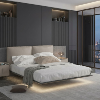 Camera da letto grigio chiaro Letto a scomparsa Letto a LED Letti matrimoniali in legno di design