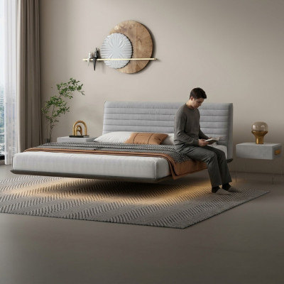 Letto a muro grigio. Camera da letto di design. Letti a LED. Letti matrimoniali moderni.