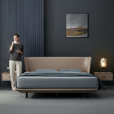 Pelle sintetica beige camera da letto matrimoniale struttura in legno design letti