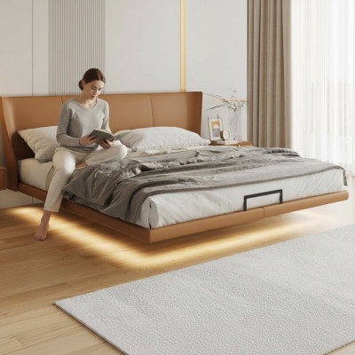 Letto a parete marrone, arredamento design per camera da letto, struttura in legno, letto in similpelle.