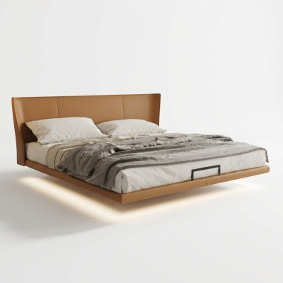 Letto a parete marrone, arredamento design per camera da letto, struttura in legno, letto in similpelle.