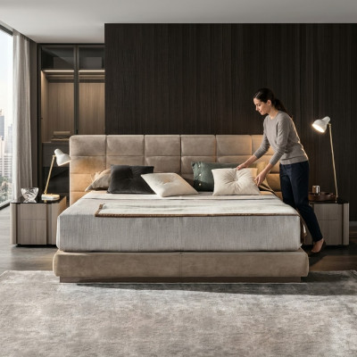 Letto matrimoniale beige Moderni mobili da camera da letto Letti di lusso Struttura in legno