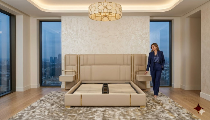 Camera da letto beige con letto matrimoniale con grande testata. Letti in legno di design.