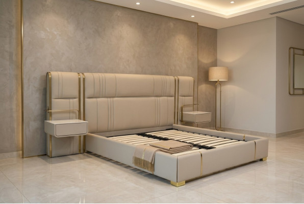 Camera da letto beige con letto matrimoniale con grande testata. Letti in legno di design.