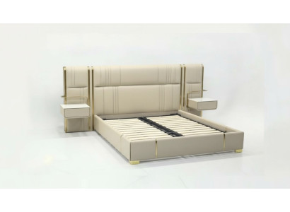 Camera da letto beige con letto matrimoniale con grande testata. Letti in legno di design.
