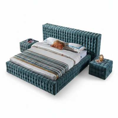 Lussuoso letto matrimoniale design turchese da camera da letto con struttura in legno nuova.
