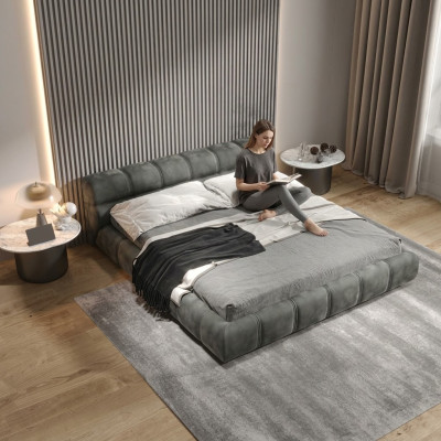 Letto matrimoniale grigio basso da camera da letto, design moderno.