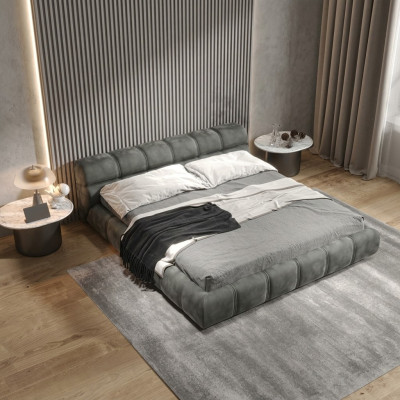 Letto matrimoniale grigio basso da camera da letto, design moderno.