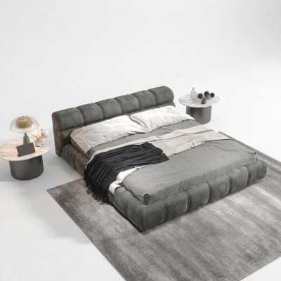 Letto matrimoniale grigio basso da camera da letto, design moderno.
