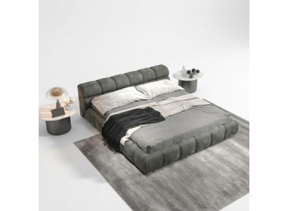 Letto matrimoniale grigio basso da camera da letto, design moderno.