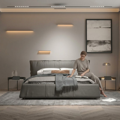Camera da letto grigia Letto designer Letto matrimoniale Struttura in legno Nuovo letto in pelle