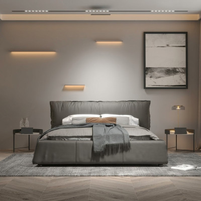 Camera da letto grigia Letto designer Letto matrimoniale Struttura in legno Nuovo letto in pelle
