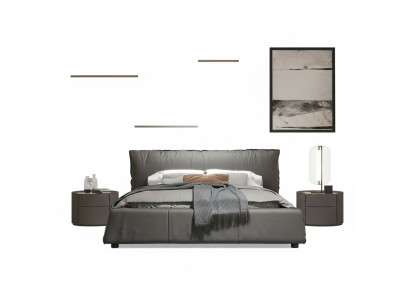 Camera da letto grigia Letto designer Letto matrimoniale Struttura in legno Nuovo letto in pelle