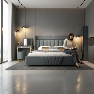 Camera da letto Letto grigio Mobili di design Materiali di lusso Telaio in legno