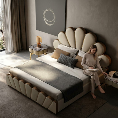 Camera da letto beige moderna Letto in ecopelle Letto matrimoniale Letti di design