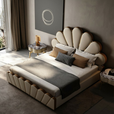 Camera da letto beige moderna Letto in ecopelle Letto matrimoniale Letti di design