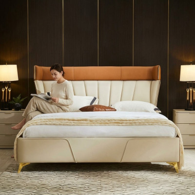 Camera da letto Letto matrimoniale beige Letti in pelle Struttura in legno Mobili tessili