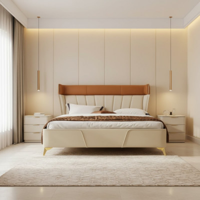 Camera da letto Letto matrimoniale beige Letti in pelle Struttura in legno Mobili tessili
