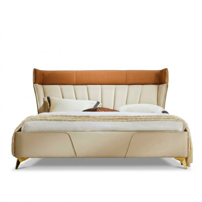 Camera da letto Letto matrimoniale beige Letti in pelle Struttura in legno Mobili tessili