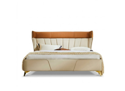 Camera da letto Letto matrimoniale beige Letti in pelle Struttura in legno Mobili tessili