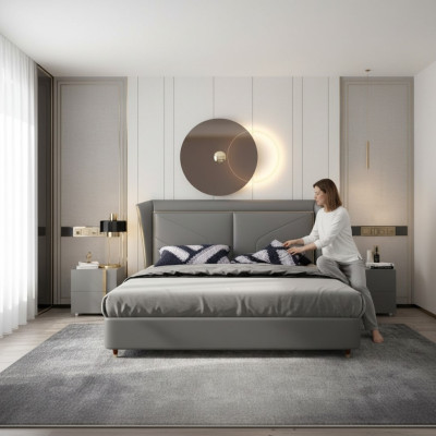 Camera da letto grigia Letto matrimoniale Designer Letti in legno Letti in pelle