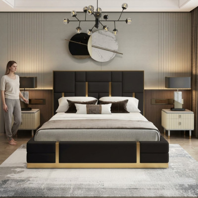 Letto matrimoniale in legno nero per camera da letto, design di lusso, letto matrimoniale in acciaio inox di lusso.