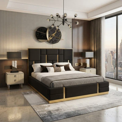 Letto matrimoniale in legno nero per camera da letto, design di lusso, letto matrimoniale in acciaio inox di lusso.