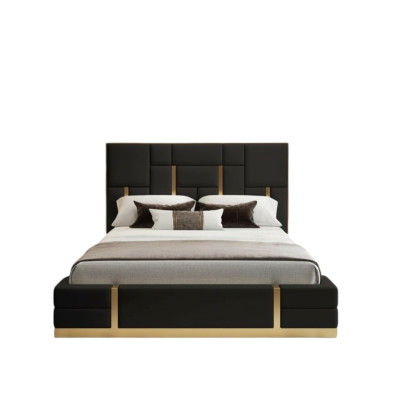 Letto matrimoniale in legno nero per camera da letto, design di lusso, letto matrimoniale in acciaio inox di lusso.