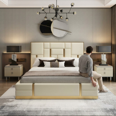 Letto matrimoniale bianco camera da letto di lusso con struttura in legno design letto in acciaio inossidabile