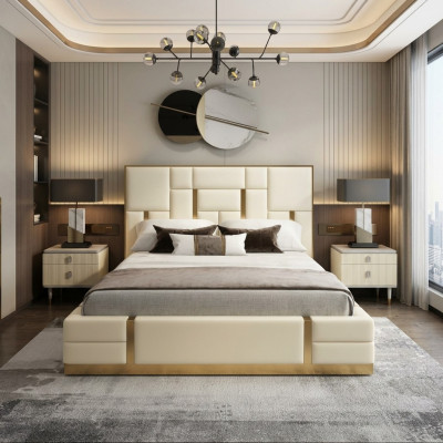 Letto matrimoniale bianco camera da letto di lusso con struttura in legno design letto in acciaio inossidabile