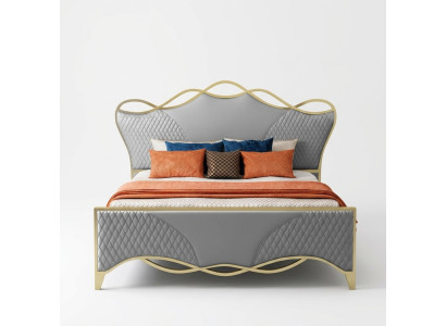 Camera da letto elegante, letto matrimoniale in pelle sintetica design, struttura in legno.